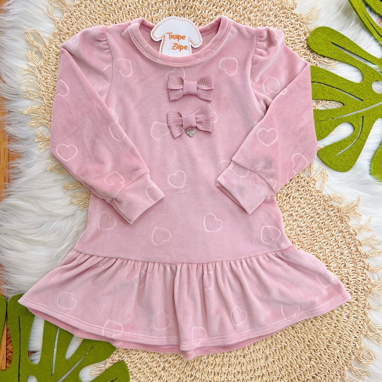 Vestido Manga Longa em Plush Corações e Laços - Rose 